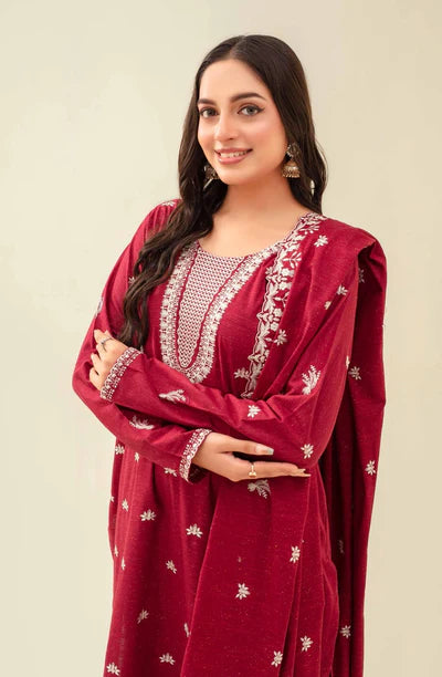 Samifa Presents Abro by Fiza Noor Unstitched Embroidered Winter Festival Branded Karandi 3 Pc Suit – Crimson Red