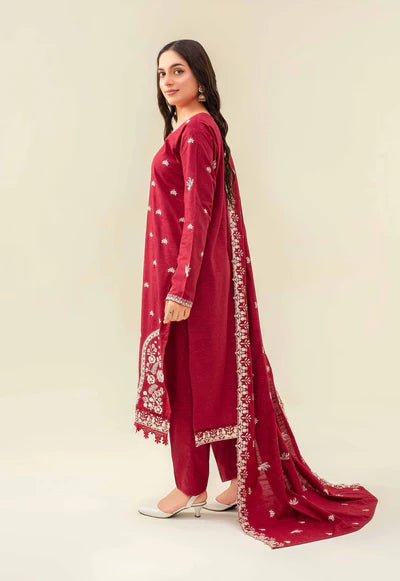Samifa Presents Abro by Fiza Noor Unstitched Embroidered Winter Festival Branded Karandi 3 Pc Suit – Crimson Red