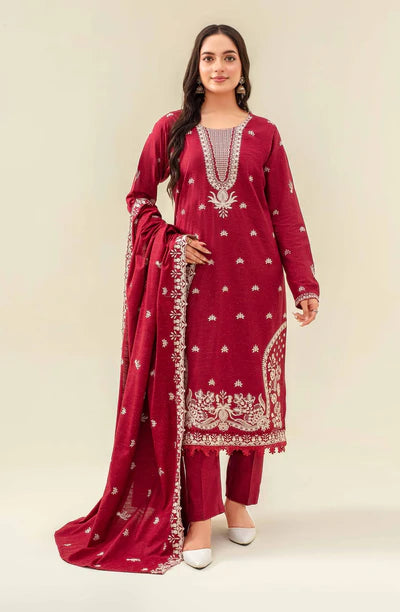 Samifa Presents Abro by Fiza Noor Unstitched Embroidered Winter Festival Branded Karandi 3 Pc Suit – Crimson Red