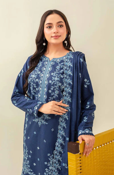 Samifa Presents Abro by Fiza Noor Unstitched Embroidered Winter Festival Branded Karandi 3 Pc Suit – Deep Steel Blue