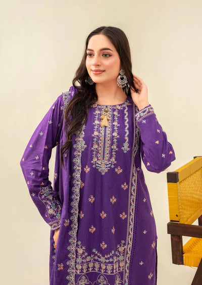 Samifa Presents Abro by Fiza Noor Unstitched Embroidered Winter Festival Branded Karandi 3 Pc Suit – Deep Royal Purple