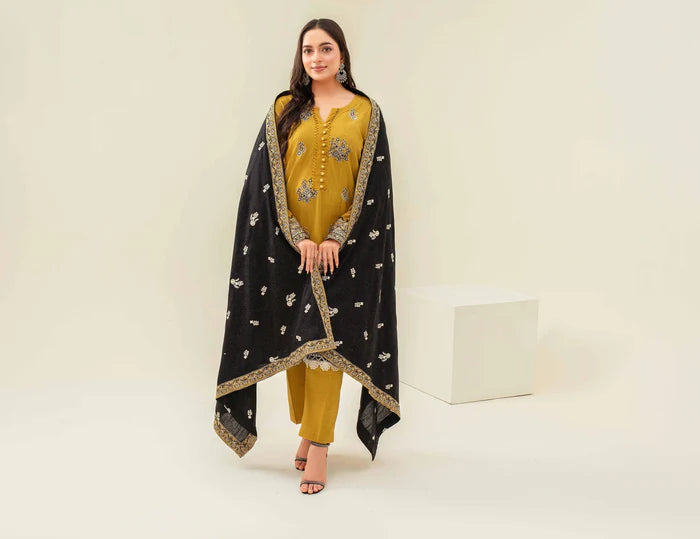 Samifa Presents Abro by Fiza Noor Unstitched Embroidered Winter Festival Branded Karandi 3 Pc Suit – Golden Mustard