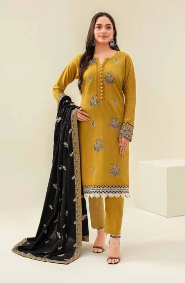 Samifa Presents Abro by Fiza Noor Unstitched Embroidered Winter Festival Branded Karandi 3 Pc Suit – Golden Mustard