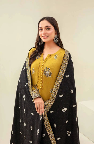 Samifa Presents Abro by Fiza Noor Unstitched Embroidered Winter Festival Branded Karandi 3 Pc Suit – Golden Mustard