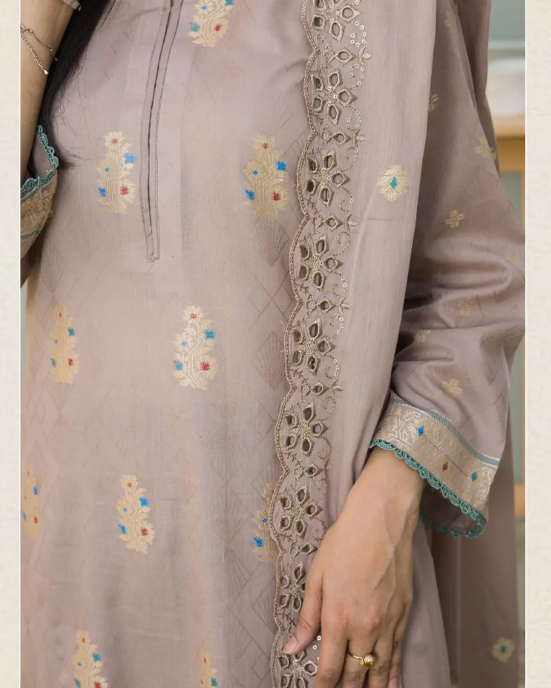 Samifa Presents Bonanza Branded Unstitched Luxury Jacquard Embroidered Collection with Cutwork Dupatta – Warm Taupe Beige