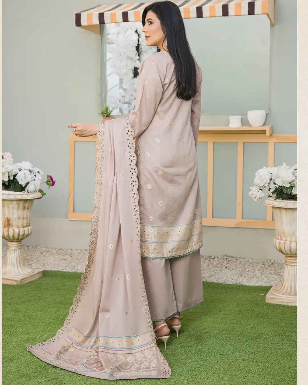 Samifa Presents Bonanza Branded Unstitched Luxury Jacquard Embroidered Collection with Cutwork Dupatta – Warm Taupe Beige