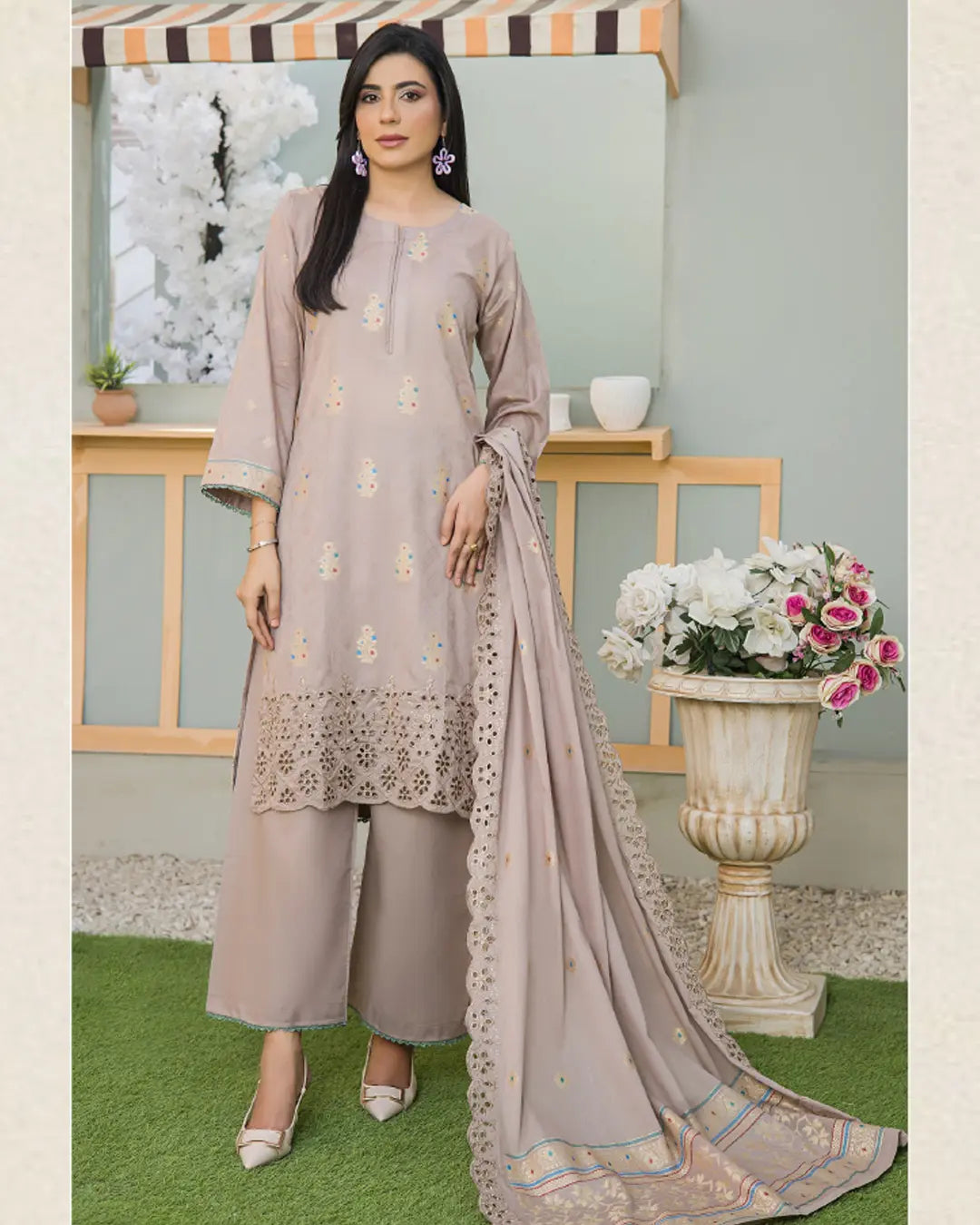 Samifa Presents Bonanza Branded Unstitched Luxury Jacquard Embroidered Collection with Cutwork Dupatta – Warm Taupe Beige