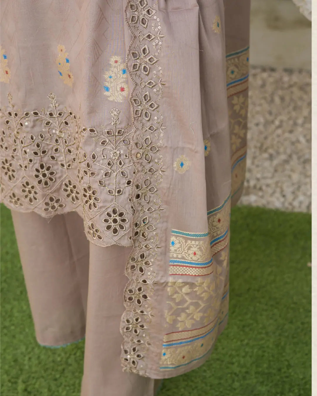 Samifa Presents Bonanza Branded Unstitched Luxury Jacquard Embroidered Collection with Cutwork Dupatta – Warm Taupe Beige
