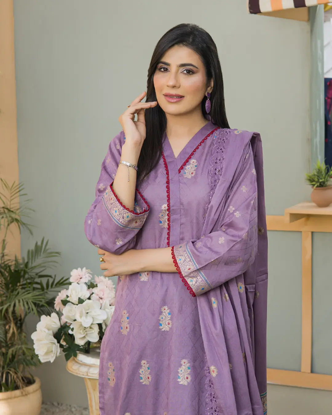 Samifa Presents Bonanza Branded Unstitched Luxury Jacquard Embroidered Collection with Cutwork Dupatta – Soft Lilac Mauve