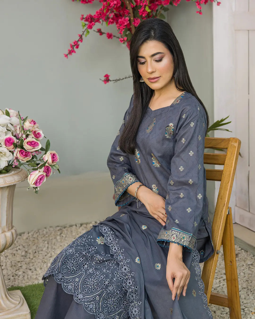 Samifa Presents Bonanza Branded Unstitched Luxury Jacquard Embroidered Collection with Cutwork Dupatta – Slate Gray Blue