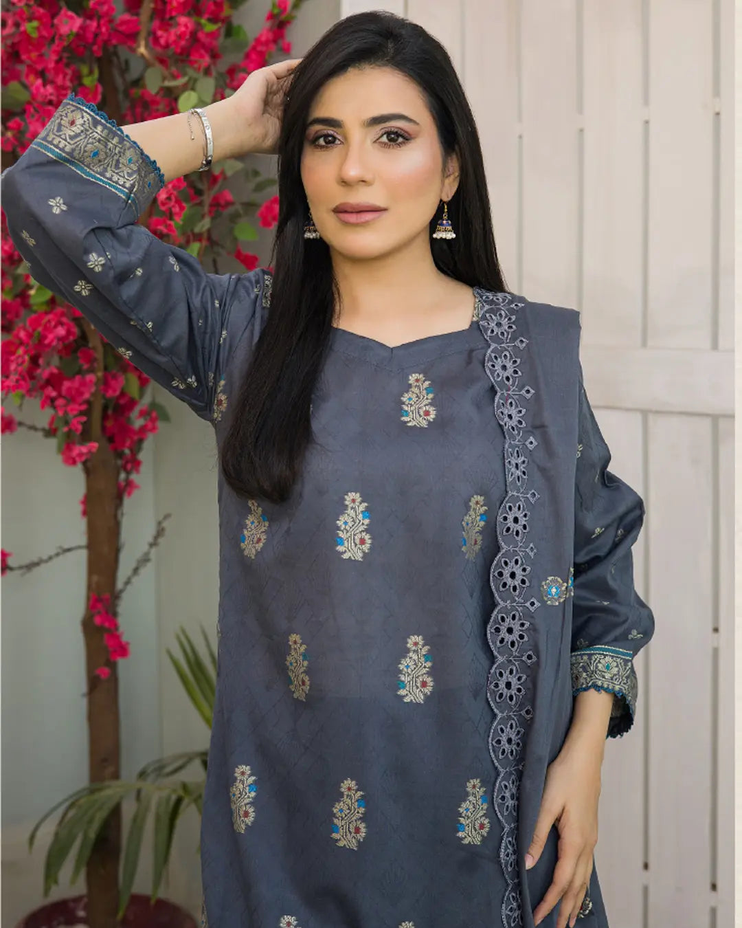 Samifa Presents Bonanza Branded Unstitched Luxury Jacquard Embroidered Collection with Cutwork Dupatta – Slate Gray Blue