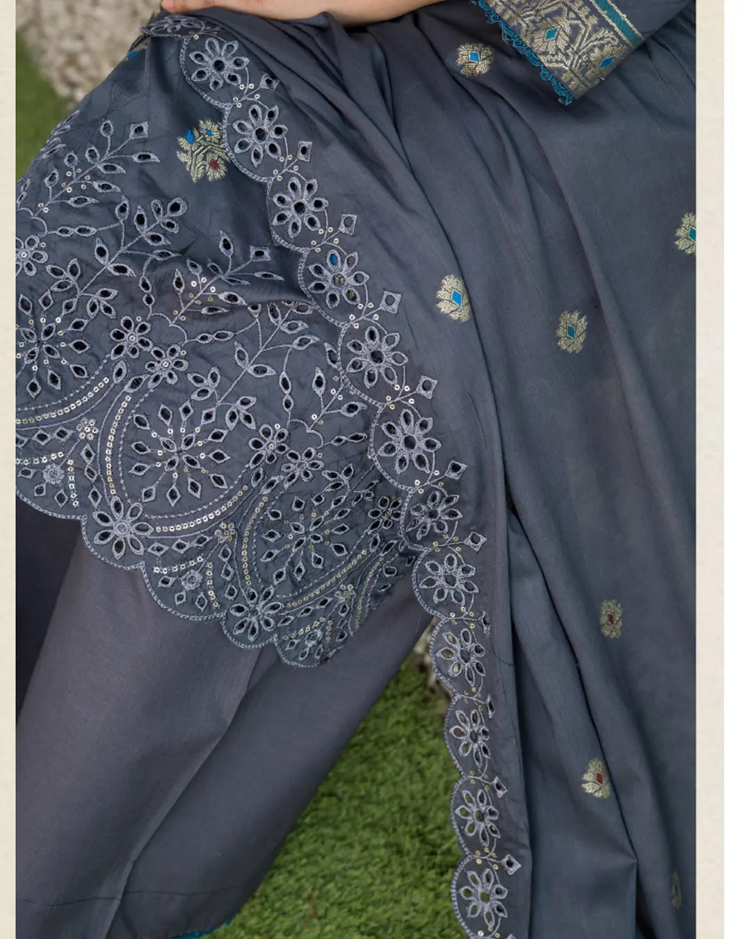 Samifa Presents Bonanza Branded Unstitched Luxury Jacquard Embroidered Collection with Cutwork Dupatta – Slate Gray Blue