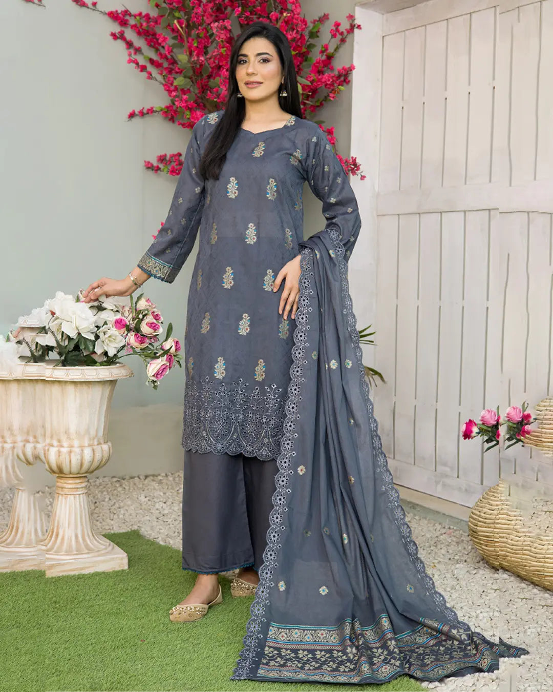 Samifa Presents Bonanza Branded Unstitched Luxury Jacquard Embroidered Collection with Cutwork Dupatta – Slate Gray Blue