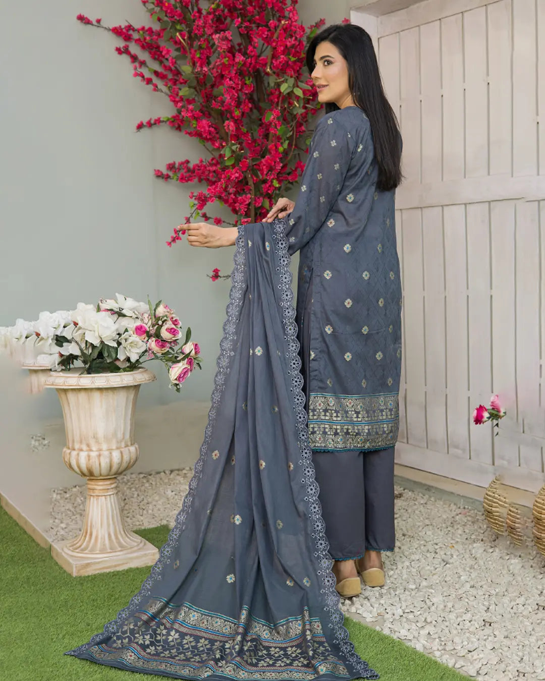 Samifa Presents Bonanza Branded Unstitched Luxury Jacquard Embroidered Collection with Cutwork Dupatta – Slate Gray Blue