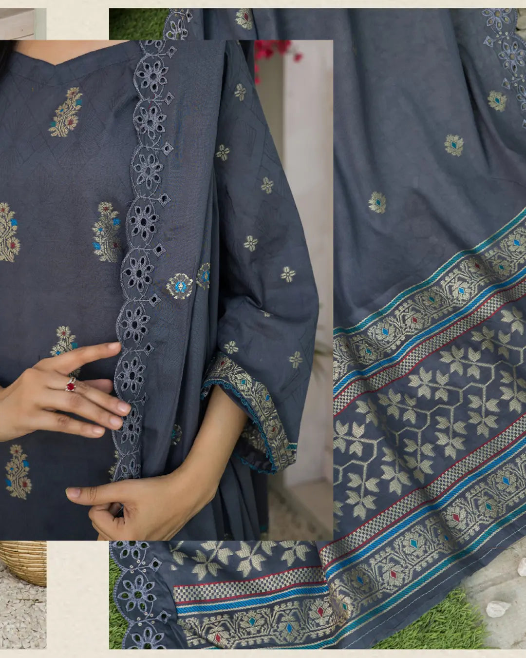 Samifa Presents Bonanza Branded Unstitched Luxury Jacquard Embroidered Collection with Cutwork Dupatta – Slate Gray Blue